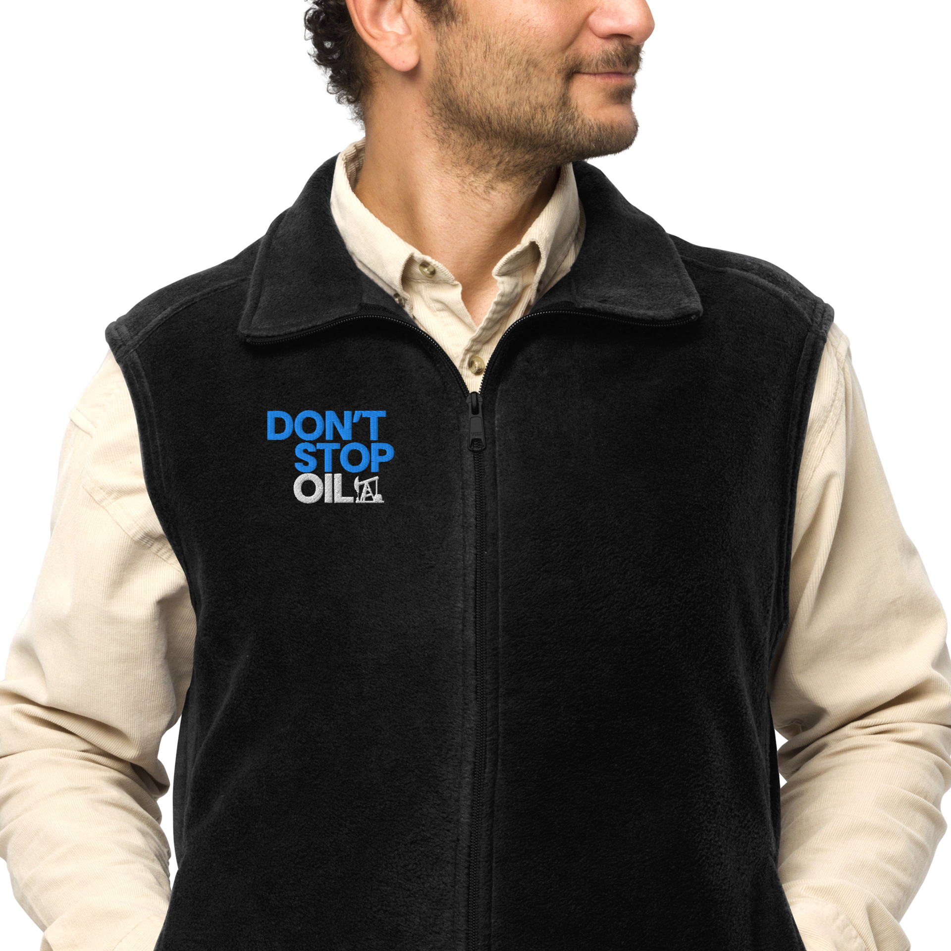 Don't Stop Oil - Men's Columbia fleece vest – Interplanetary Creations